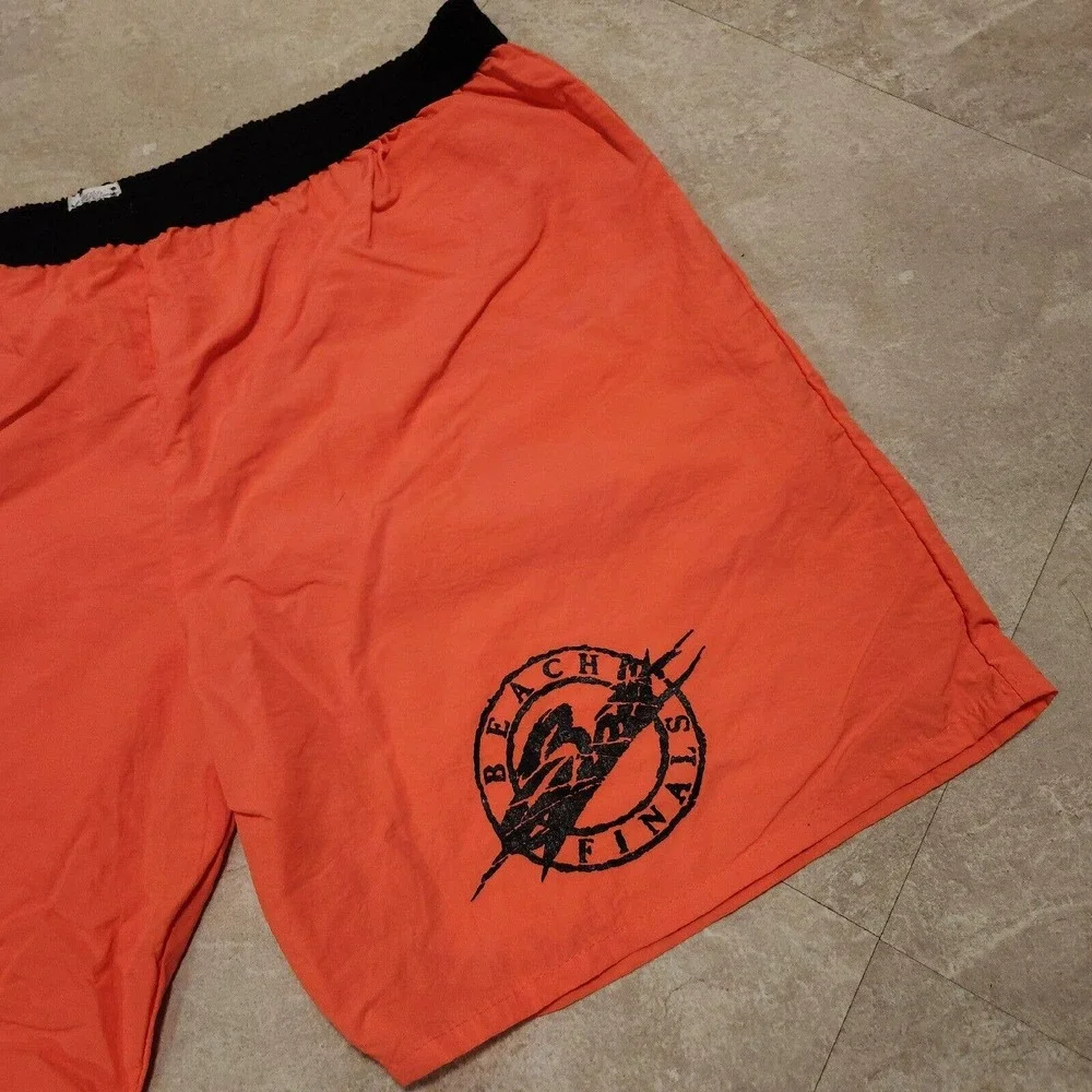 VTG Lightning Bolt Men XL USA Made Retro Orange Elastic Swim Trunks Board Shorts